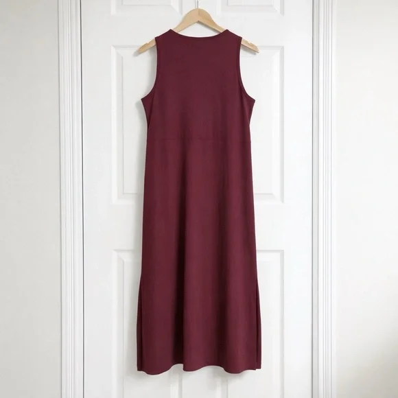 L.L. Bean Traveler Knit Sleeveless Dress Burgundy Small Petite SP Side Slit - Picture 3 of 9